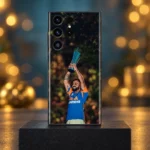 Virat Kohli trophy celebration photo mobile skin with blue and orange shirt, celebration hero