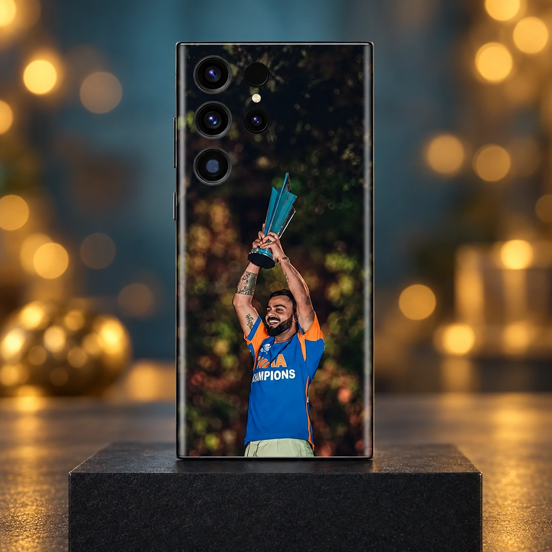 Virat Kohli Trophy Celebration Mobile Skin – Celebration Hero Virat Kohli trophy celebration photo mobile skin with blue and orange shirt, celebration hero