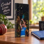 Virat Kohli trophy celebration photo mobile skin with blue and orange shirt, sports lounge side angle