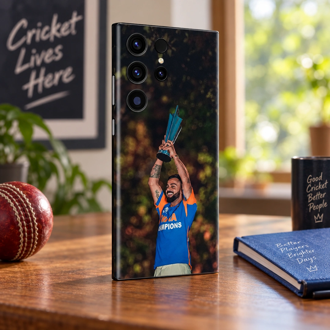 Virat Kohli Trophy Celebration Mobile Skin – Sports Lounge Side Angle Virat Kohli trophy celebration photo mobile skin with blue and orange shirt, sports lounge side angle