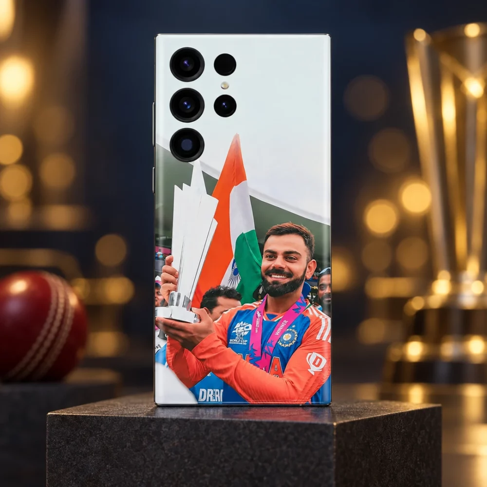 Virat Kohli trophy photo mobile skin with Indian tricolour, trophy celebration studio hero