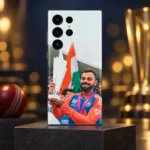 Virat Kohli trophy photo mobile skin with Indian tricolour, trophy celebration studio hero