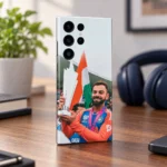 Virat Kohli trophy photo mobile skin with Indian tricolour, cricket fan walnut desk