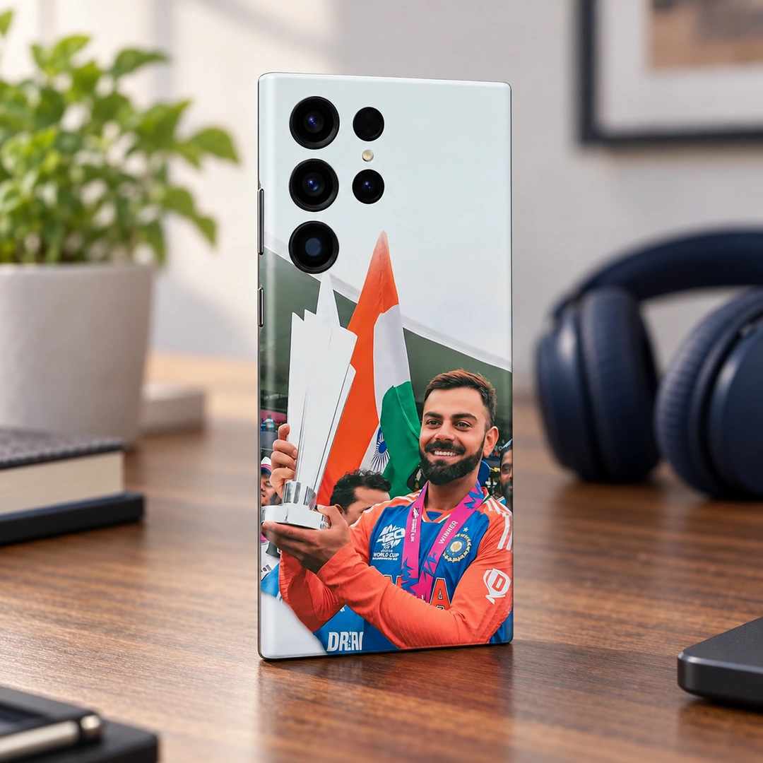 Virat Kohli Trophy Photo Mobile Skin – Cricket fan walnut desk Virat Kohli trophy photo mobile skin with Indian tricolour, cricket fan walnut desk