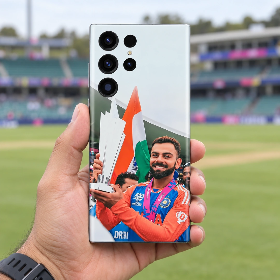 Virat Kohli Trophy Photo Mobile Skin – Handheld at cricket ground Virat Kohli trophy photo mobile skin with Indian tricolour, handheld at cricket ground