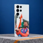 Virat Kohli trophy photo mobile skin with Indian tricolour, minimal blue and saffron studio