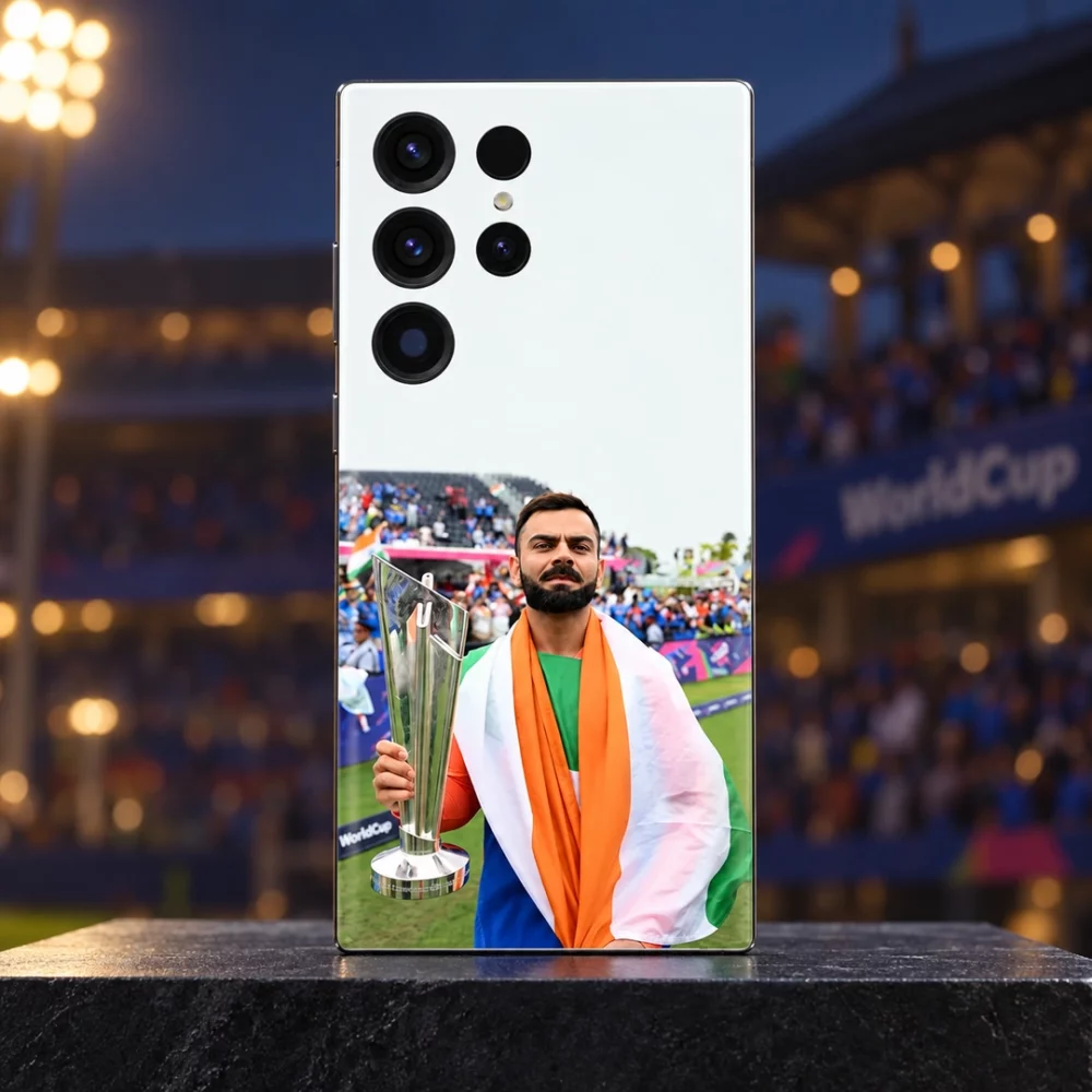 Virat Kohli trophy mobile skin standing on a charcoal plinth in a softly lit cricket pavilion