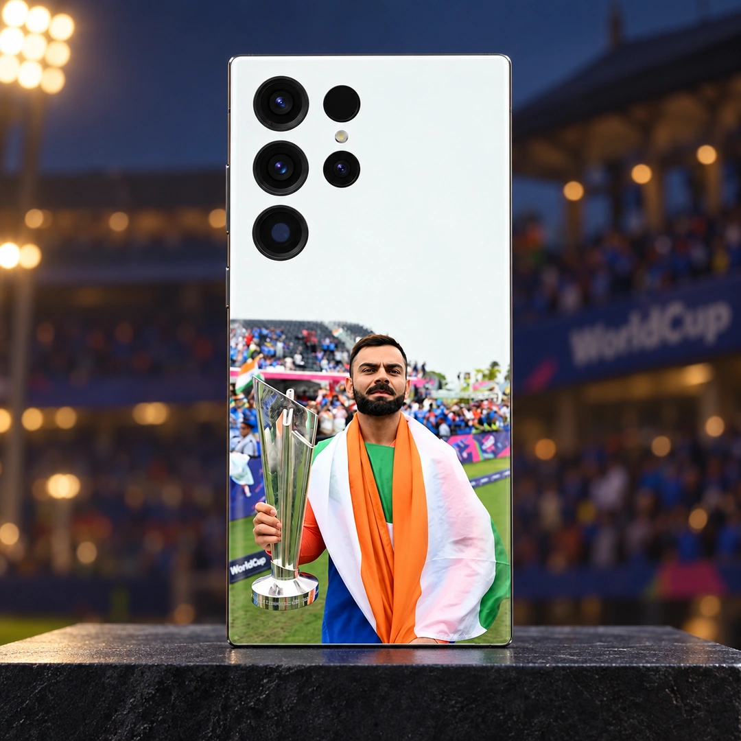 Virat Kohli Trophy Tricolour Mobile Skin - Pavilion hero Virat Kohli trophy mobile skin standing on a charcoal plinth in a softly lit cricket pavilion