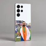 Virat Kohli trophy mobile skin shown at a rear three-quarter angle against a gray studio background