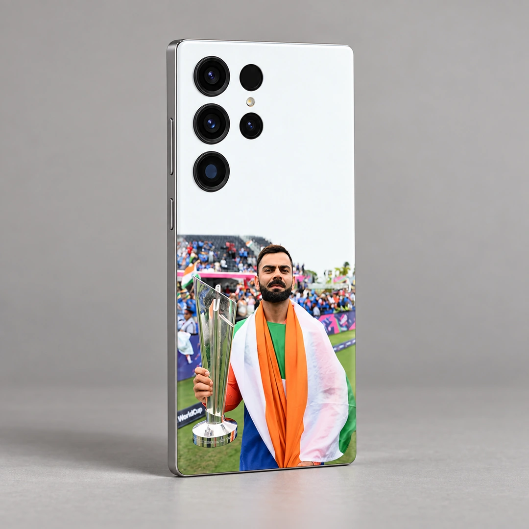 Virat Kohli Trophy Tricolour Mobile Skin - Studio angle Virat Kohli trophy mobile skin shown at a rear three-quarter angle against a gray studio background
