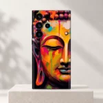 Buddha colourful portrait painting mobile skin with orange yellow and magenta face on an ivory pedestal