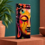 Colourful Buddha portrait mobile skin on terracotta with a teal studio background