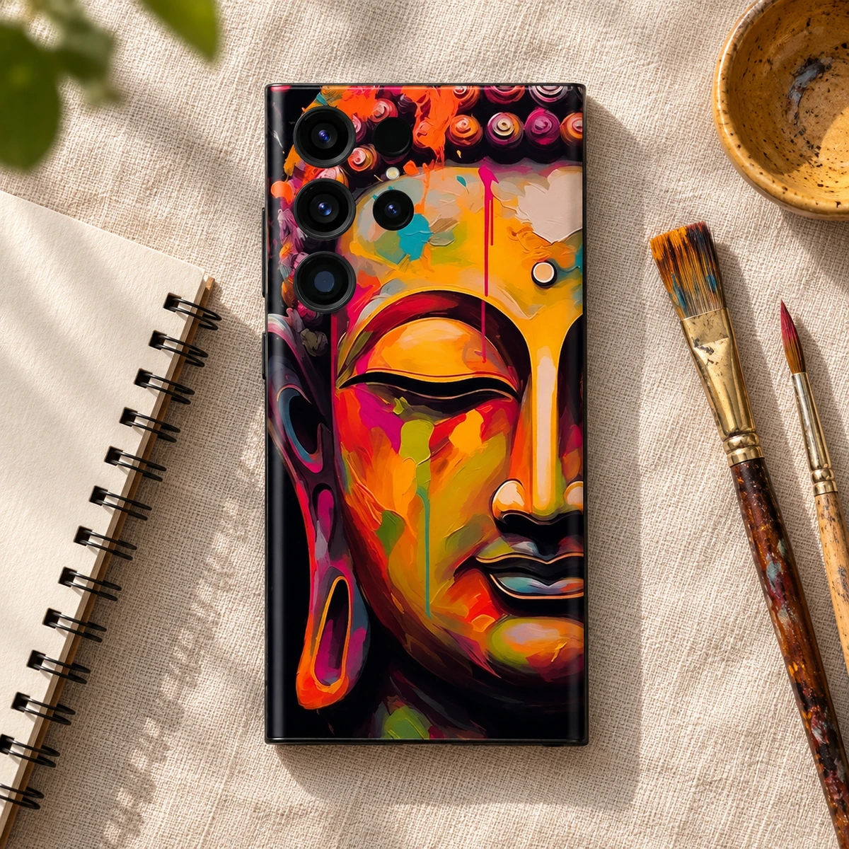 Buddha Colourful Portrait Painting Mobile Skin - Creative flatlay Buddha painting mobile skin on linen beside a sketchbook and paintbrushes