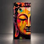 Close view of colourful Buddha closed-eye portrait painting mobile skin