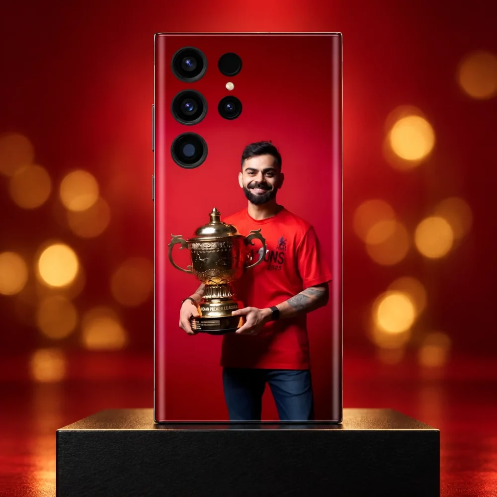 Virat Kohli smiling with a gold trophy against red on a mobile skin, red and gold studio hero
