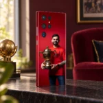 Virat Kohli smiling with a gold trophy against red on a mobile skin, cricket fan room angle