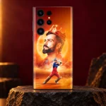 Orange Virat Kohli mobile skin with golden crown, moon portrait and batting pose, burgundy studio hero
