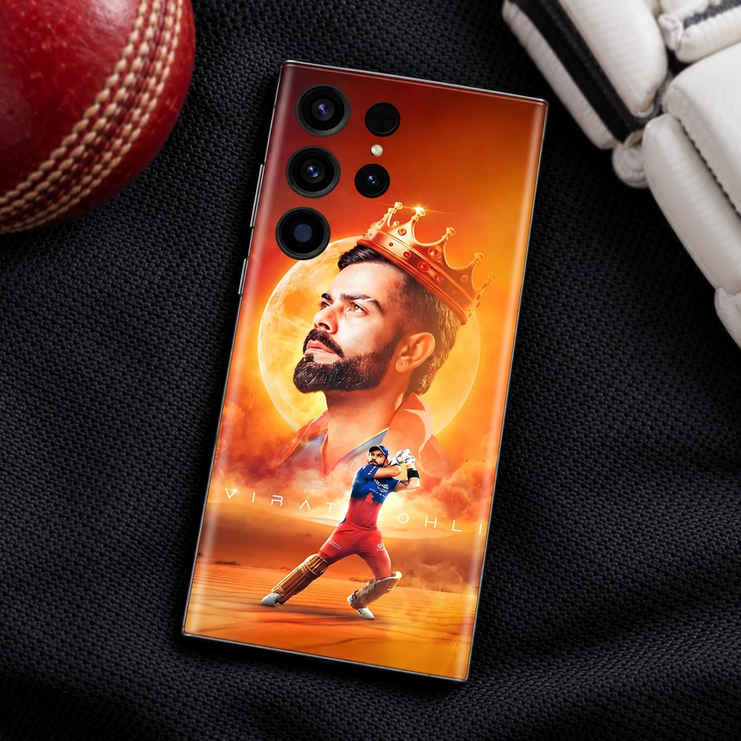 Virat Kohli Golden Crown Mobile Skin - cricket-kit flat lay Orange Virat Kohli mobile skin with golden crown, moon portrait and batting pose, cricket-kit flat lay