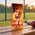 Orange Virat Kohli mobile skin with golden crown, moon portrait and batting pose, practice-ground bench