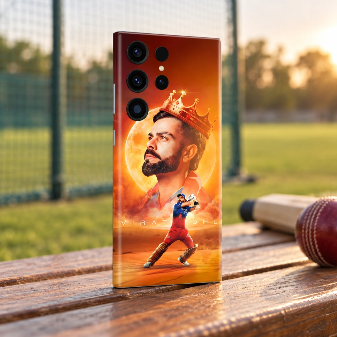 Virat Kohli Golden Crown Mobile Skin - practice-ground bench Orange Virat Kohli mobile skin with golden crown, moon portrait and batting pose, practice-ground bench