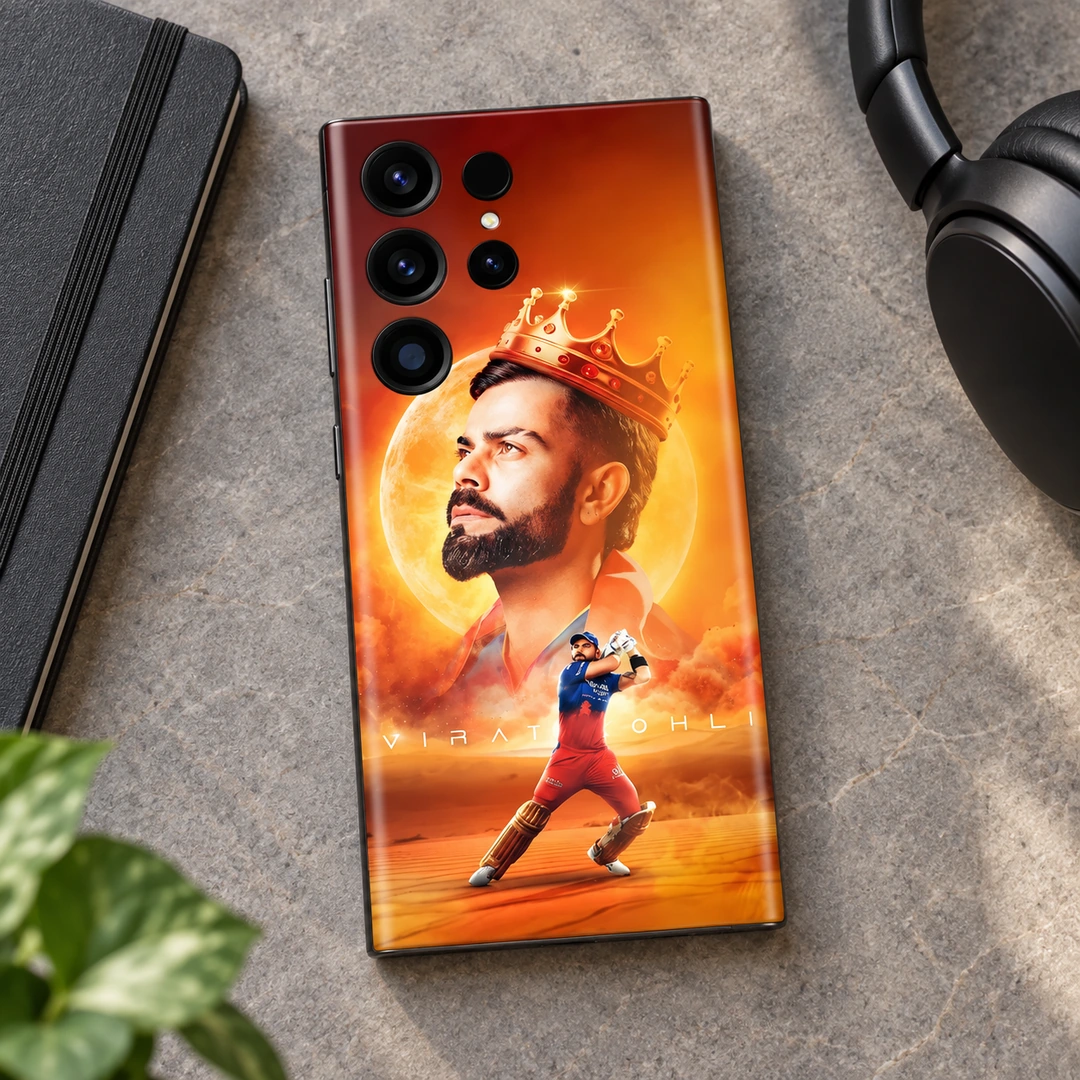 Virat Kohli Golden Crown Mobile Skin - modern desk Orange Virat Kohli mobile skin with golden crown, moon portrait and batting pose, modern desk