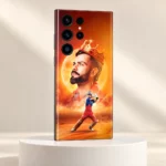 Orange Virat Kohli mobile skin with golden crown, moon portrait and batting pose, cream studio