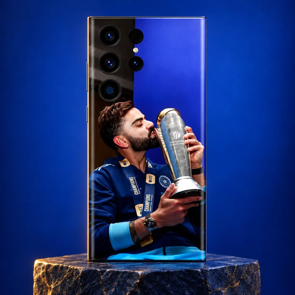 Virat Kohli kissing a silver trophy photo mobile skin, royal blue studio hero