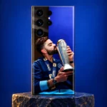 Virat Kohli kissing a silver trophy photo mobile skin, royal blue studio hero