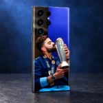 Virat Kohli kissing a silver trophy photo mobile skin, blue studio rear angle