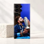 Virat Kohli kissing a silver trophy photo mobile skin, bright limestone studio