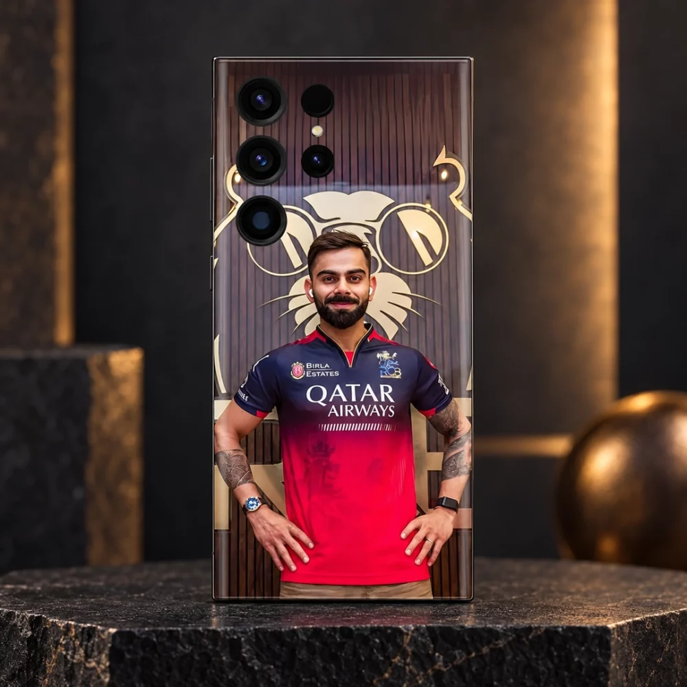 Virat Kohli mobile skin with red jersey portrait and gold lion backdrop, warm studio hero