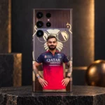 Virat Kohli mobile skin with red jersey portrait and gold lion backdrop, warm studio hero