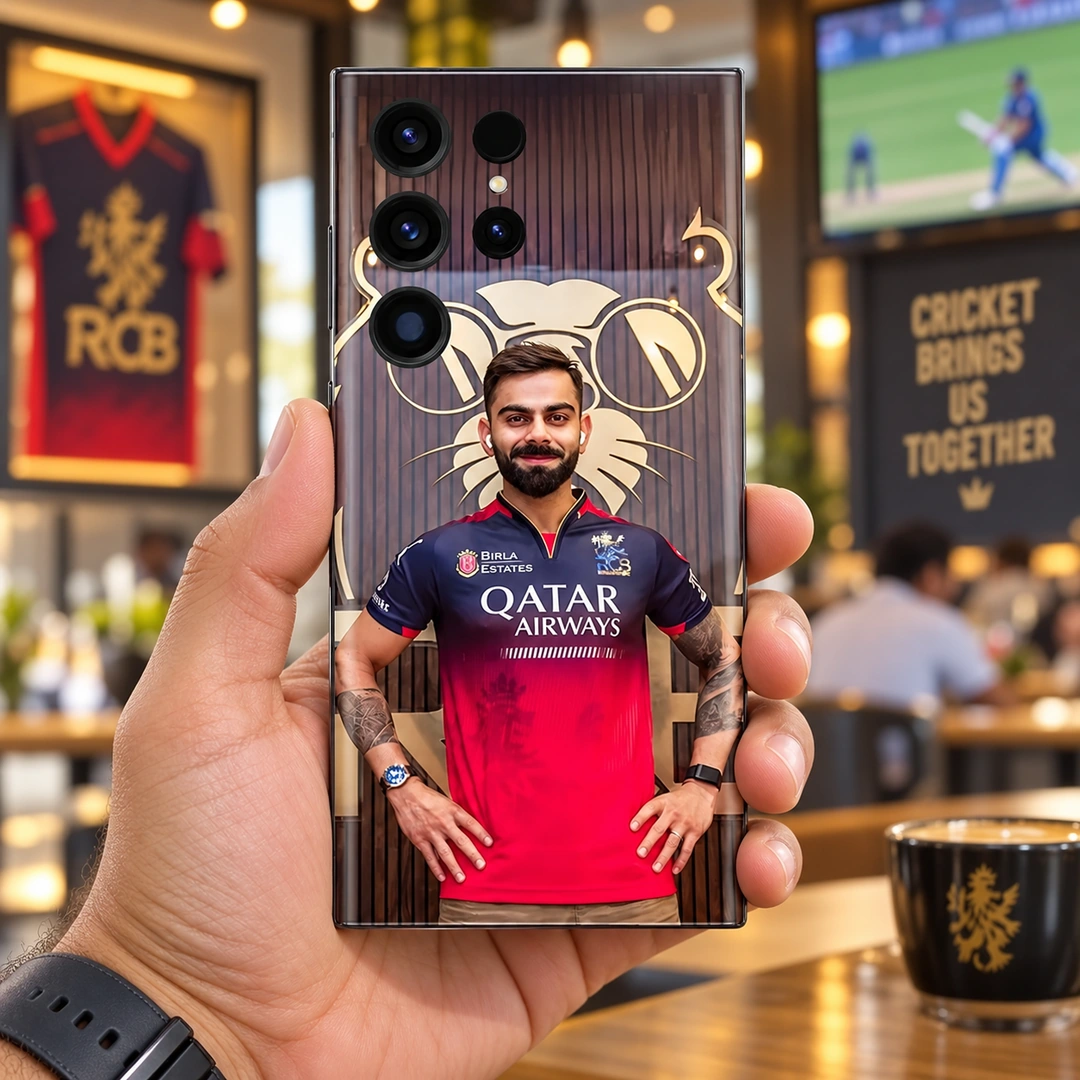 Virat Kohli Red Jersey Portrait Mobile Skin – Handheld cafe view Virat Kohli mobile skin with red jersey portrait and gold lion backdrop, handheld cafe view
