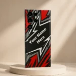 Custom Name Gaming Mobile Skin — angled view showing red, black, grey and white angular gaming artwork with diagonal sample name