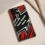 Custom Name Gaming Mobile Skin — flat lay showing red, black, grey and white angular gaming artwork with diagonal sample name