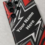Custom Name Gaming Mobile Skin — name detail showing red, black, grey and white angular gaming artwork with diagonal sample name