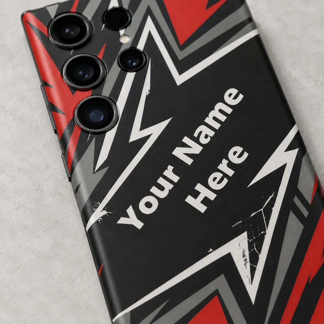 Custom Name Gaming Mobile Skin - name detail Custom Name Gaming Mobile Skin — name detail showing red, black, grey and white angular gaming artwork with diagonal sample name