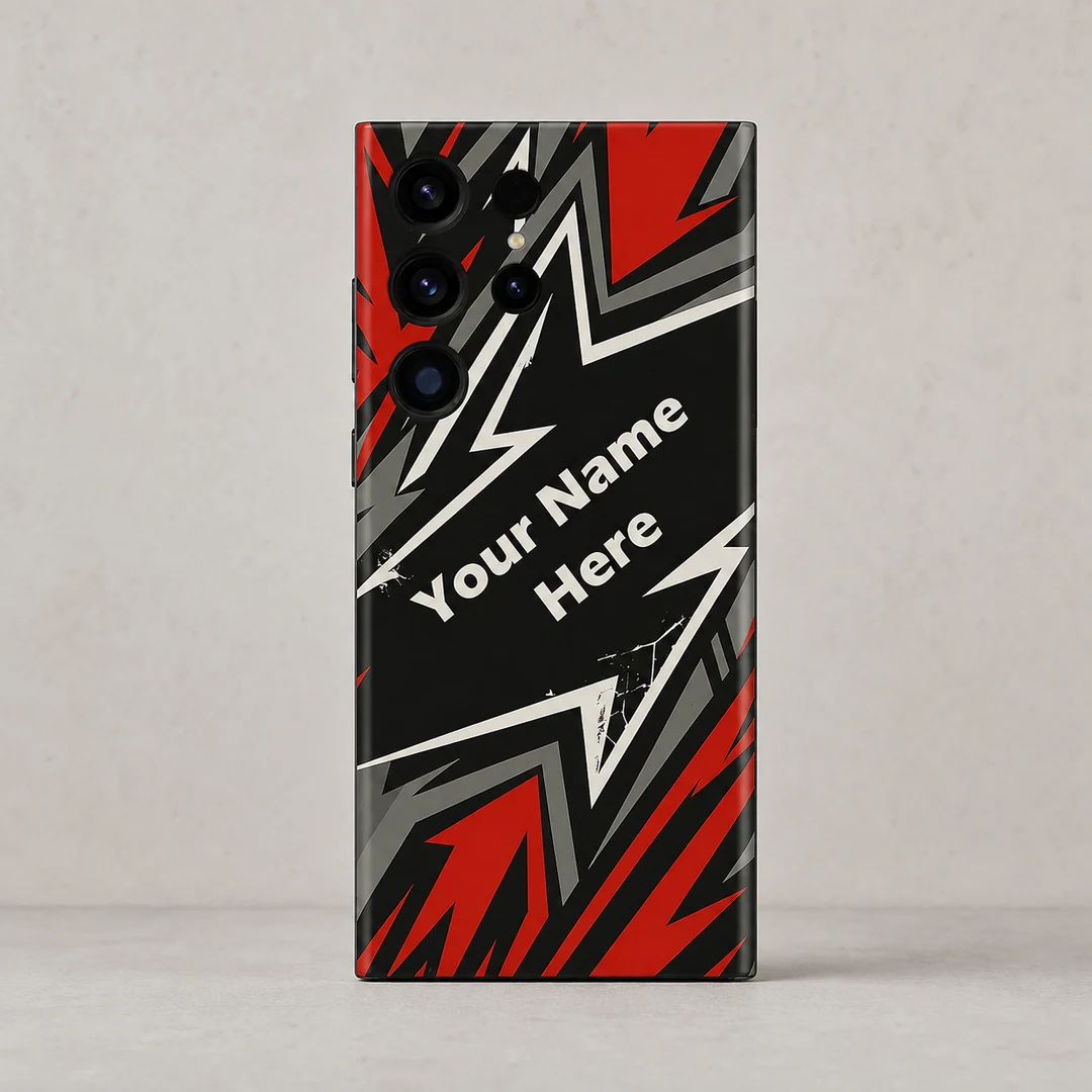 Custom Name Gaming Mobile Skin - rear view Custom Name Gaming Mobile Skin — rear view showing red, black, grey and white angular gaming artwork with diagonal sample name