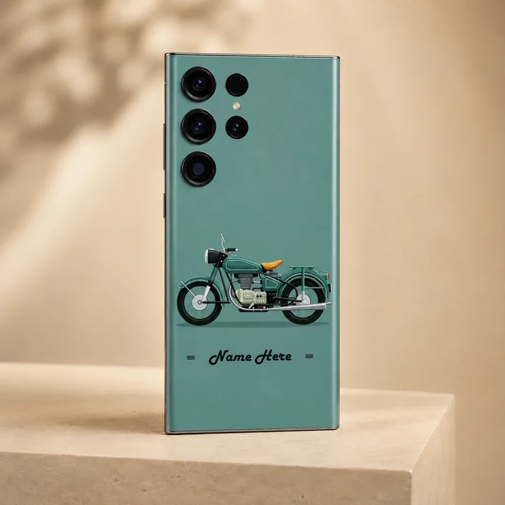 Classic Bullet Bike Customized Name Mobile Skin — angled view showing sage green background with a vintage motorcycle and cursive personalised name