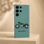 Classic Bullet Bike Customized Name Mobile Skin — angled view showing sage green background with a vintage motorcycle and cursive personalised name
