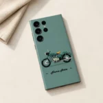 Classic Bullet Bike Customized Name Mobile Skin — flat lay showing sage green background with a vintage motorcycle and cursive personalised name