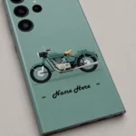 Classic Bullet Bike Customized Name Mobile Skin — name detail showing sage green background with a vintage motorcycle and cursive personalised name