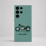 Classic Bullet Bike Customized Name Mobile Skin — rear view showing sage green background with a vintage motorcycle and cursive personalised name