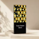 Classic Geometric Pattern Customized Name Mobile Skin — angled view showing mustard, olive, cream and black triangles above a black sample name panel