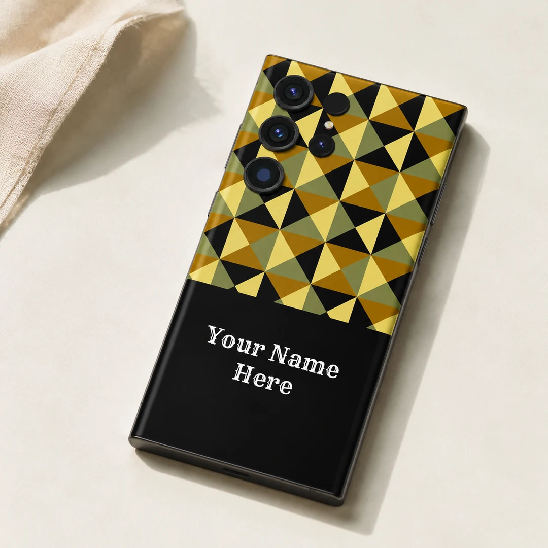 Classic Geometric Pattern Customized Name Mobile Skin - flat lay Classic Geometric Pattern Customized Name Mobile Skin — flat lay showing mustard, olive, cream and black triangles above a black sample name panel