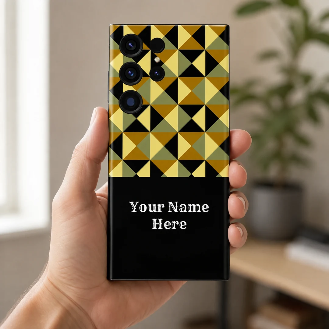 Classic Geometric Pattern Customized Name Mobile Skin - in hand Classic Geometric Pattern Customized Name Mobile Skin — in hand showing mustard, olive, cream and black triangles above a black sample name panel