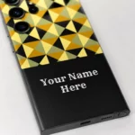 Classic Geometric Pattern Customized Name Mobile Skin — name detail showing mustard, olive, cream and black triangles above a black sample name panel