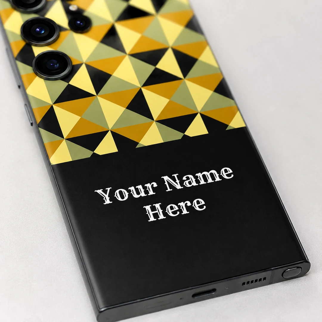 Classic Geometric Pattern Customized Name Mobile Skin - name detail Classic Geometric Pattern Customized Name Mobile Skin — name detail showing mustard, olive, cream and black triangles above a black sample name panel