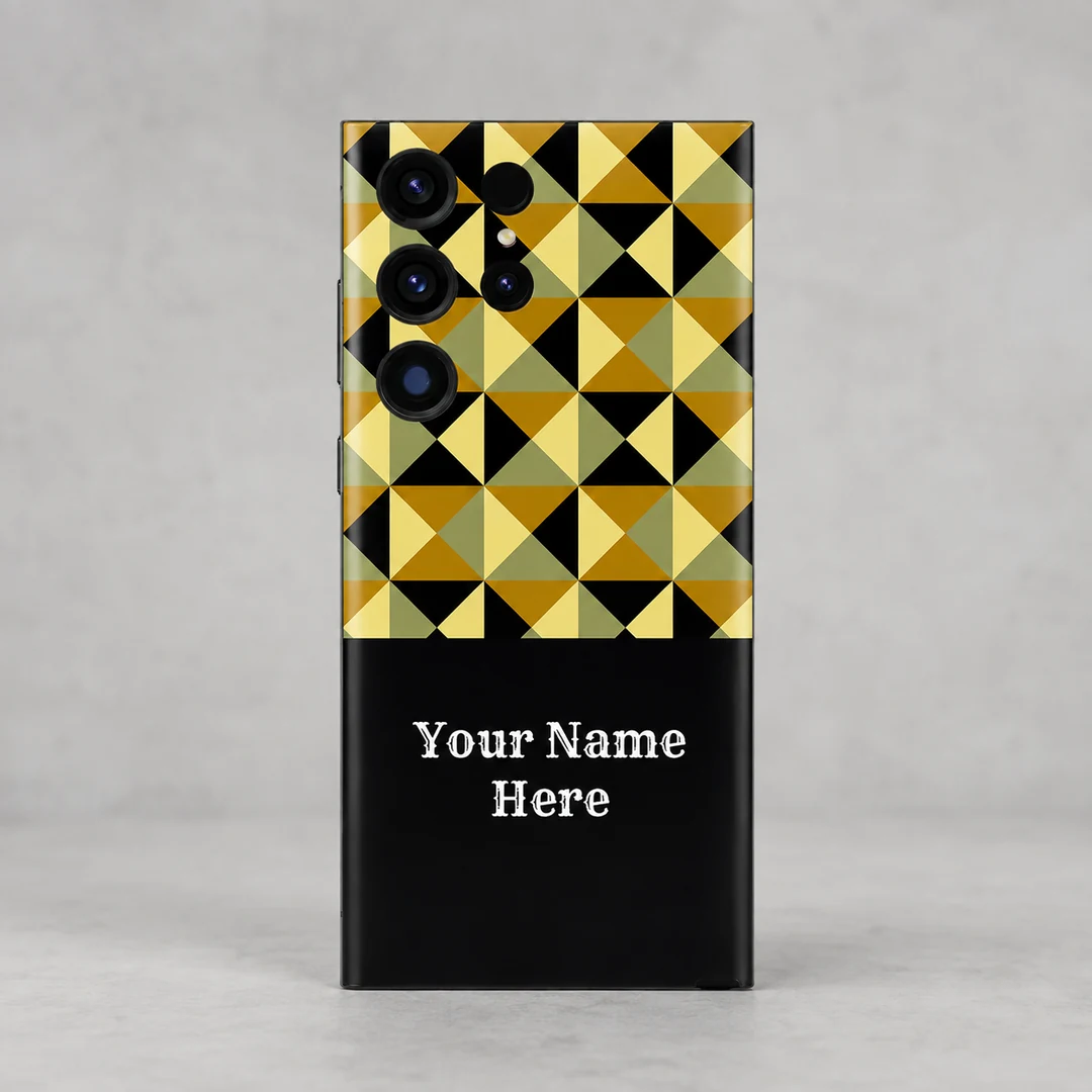 Classic Geometric Pattern Customized Name Mobile Skin - rear view Classic Geometric Pattern Customized Name Mobile Skin — rear view showing mustard, olive, cream and black triangles above a black sample name panel