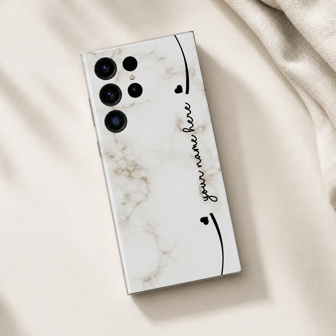 Elegant Marble Customized Name Mobile Skin - flat lay Elegant Marble Customized Name Mobile Skin — flat lay showing cream marble with black hearts and custom cursive name